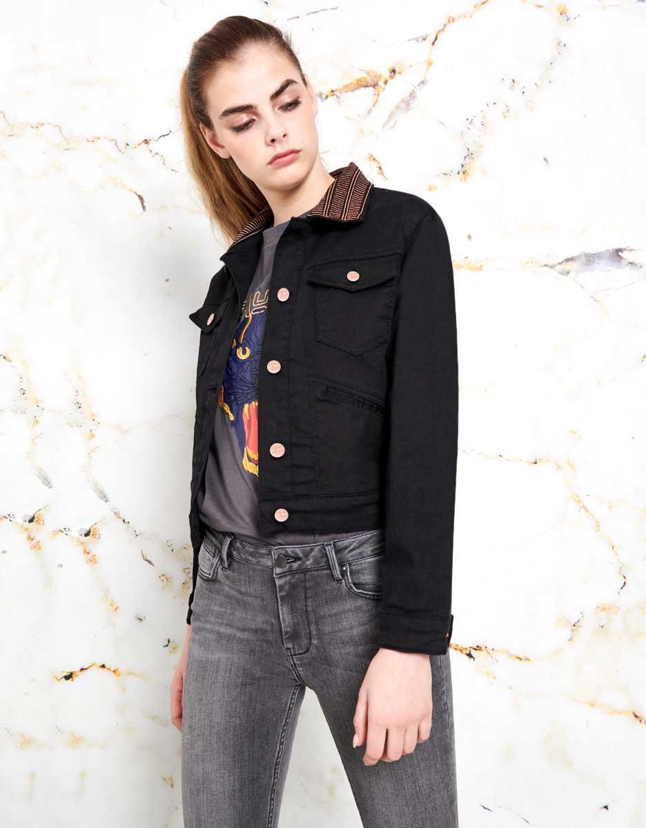 black denim jacket grey jeans