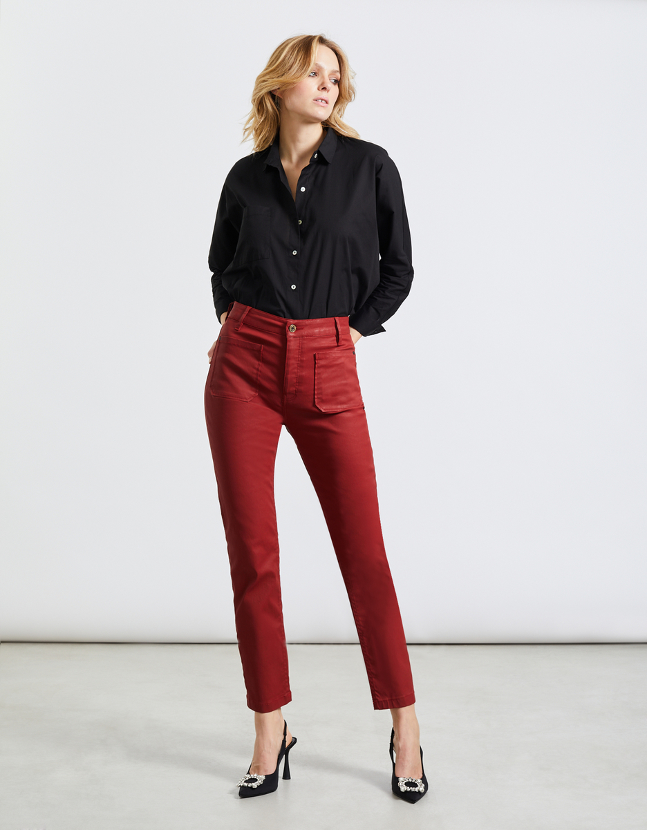 Dark Red Faux Leather High Waisted Flared Trousers | PrettyLittleThing